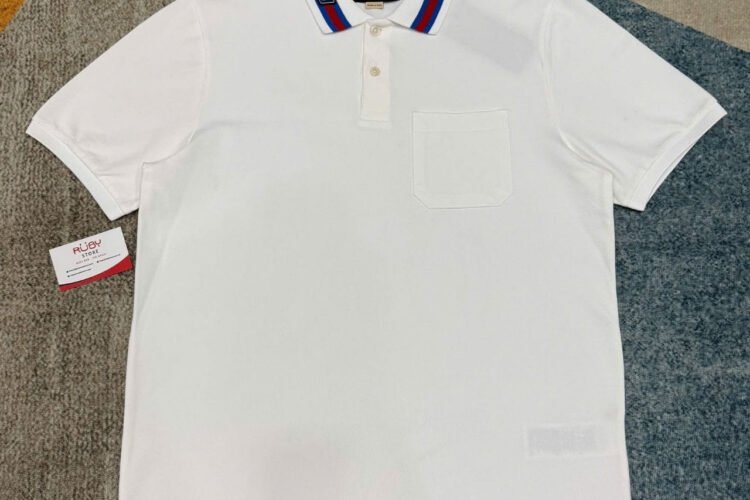 Áo Thun Gucci White Cotton Piquet Polo Shirt With Red and Blue Web Collar