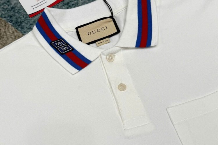 Áo Thun Gucci White Cotton Piquet Polo Shirt With Red and Blue Web Collar