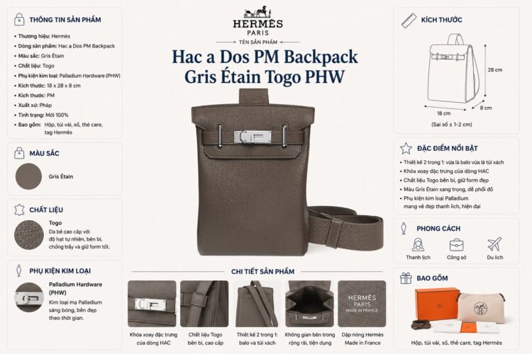 Ba Lô Hermes Hac a Dos PM Backpack Gris Étain Togo PHW Xám