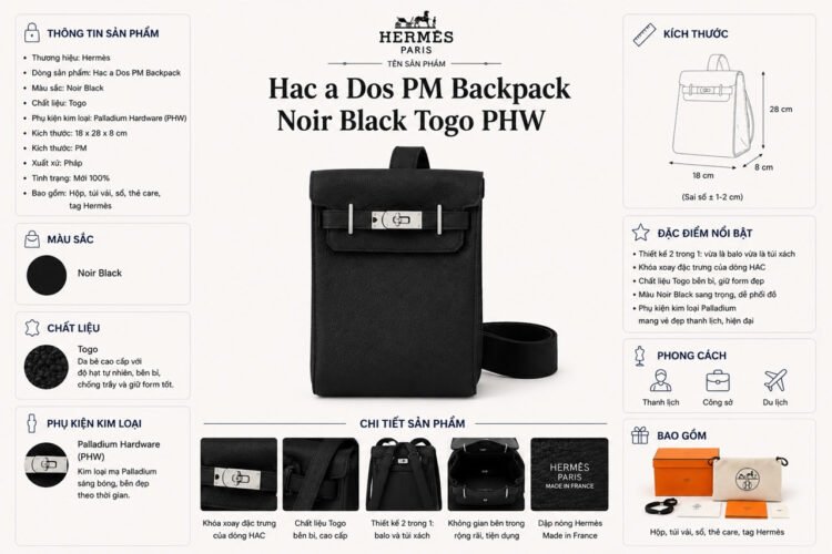 Ba Lô Hermes Hac a Dos PM Backpack Noir Black Togo PHW Đen