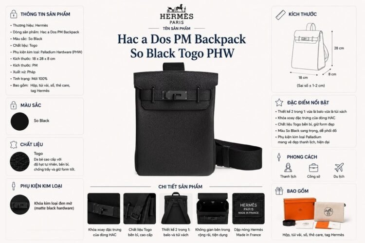 Ba Lô Hermes Hac a Dos PM Backpack So Black Togo PHW Đen Mờ