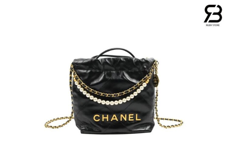 Túi CN 22 Mini Handbag Black Crumpled Calfskin Pearl Chain GHW 20CM