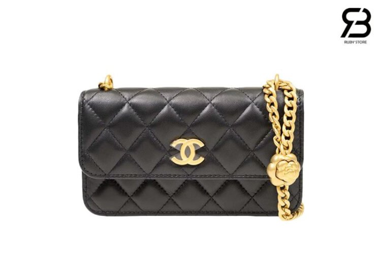 Túi CN Camellia Crush Phone Holder Black Lambskin Đen