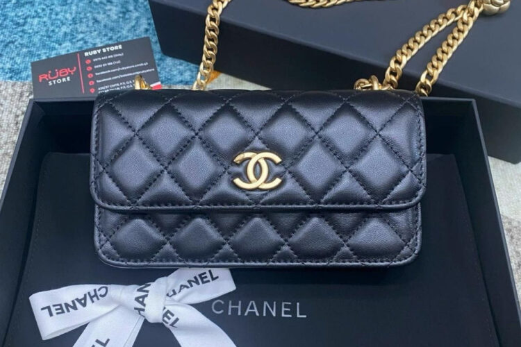 Túi CN Camellia Crush Phone Holder Black Lambskin Đen