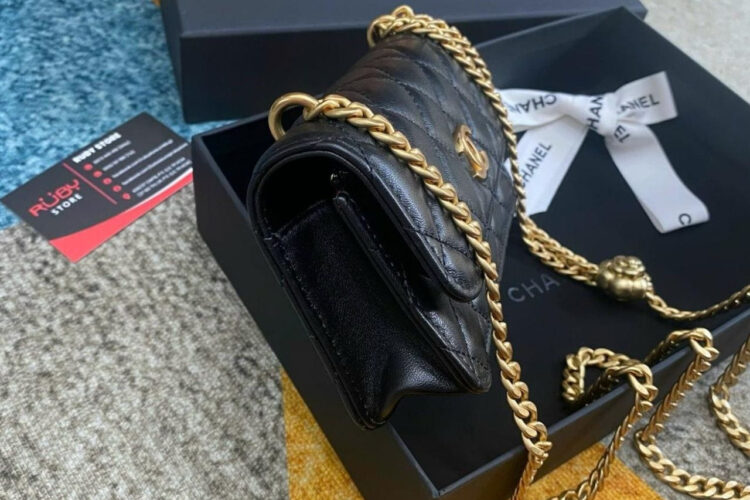 Túi CN Camellia Crush Phone Holder Black Lambskin Đen