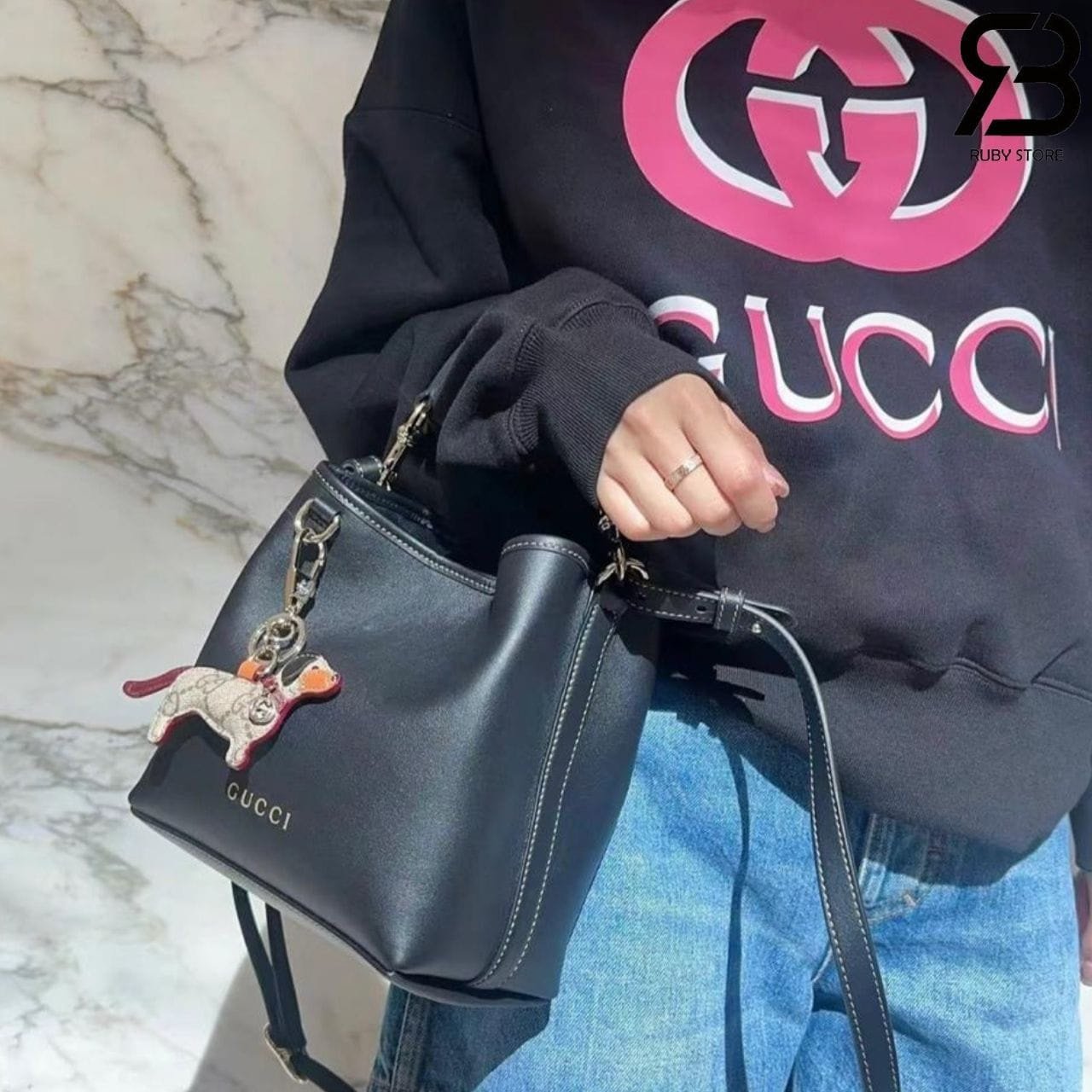 Túi Gucci GG Emblem Mini Bucket Bag Black Màu Đen Best Da Ý