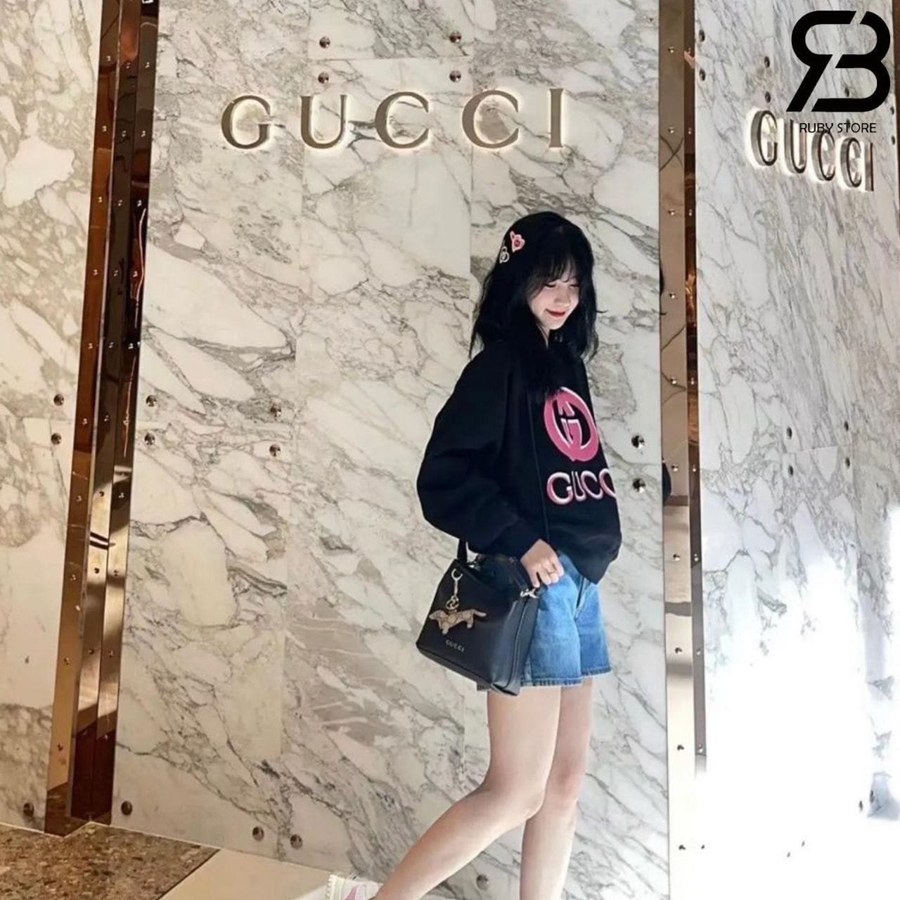 Túi Gucci GG Emblem Mini Bucket Bag Black Màu Đen Best Da Ý