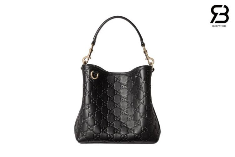 Túi Gucci GG Emblem Mini Bucket Black Embossed GG Leather Đen