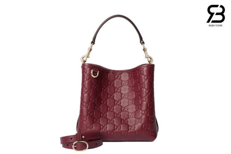Túi Gucci GG Emblem Small Bucket Bag Burgundy Màu Đỏ Best Da Ý