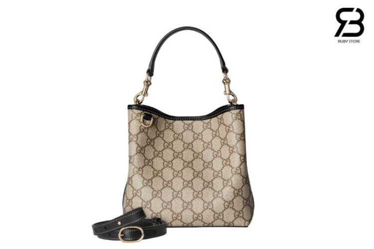 Túi Gucci GG Emblem Small Bucket Bag Màu Be đen 19CM Best Da Ý