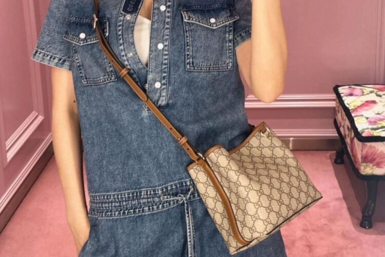 Túi Gucci GG Emblem Small Bucket Bag Nâu 19CM Best Da Ý