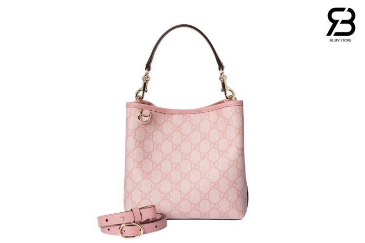 Túi Gucci GG Emblem Small Bucket Light Pink Coated Fabric Hồng Best Da Ý