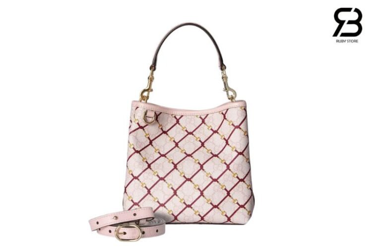 Túi Gucci GG Emblem Small Bucket Pink And Red GG Fabric Hồng Đỏ