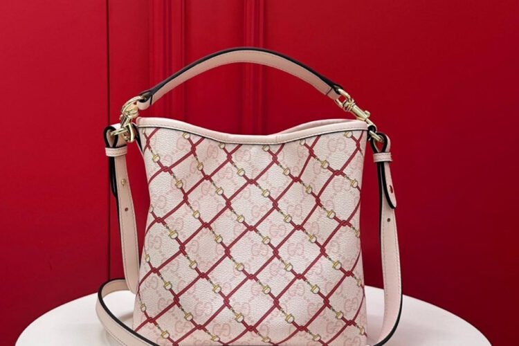 Túi Gucci GG Emblem Small Bucket Pink And Red GG Fabric Hồng Đỏ