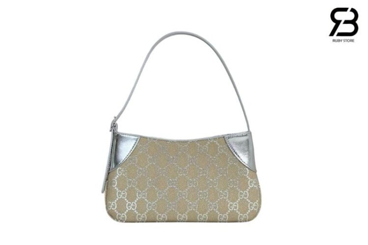 Túi Gucci GG Emblem Small Shoulder Bag Beige Silver Be Bạc