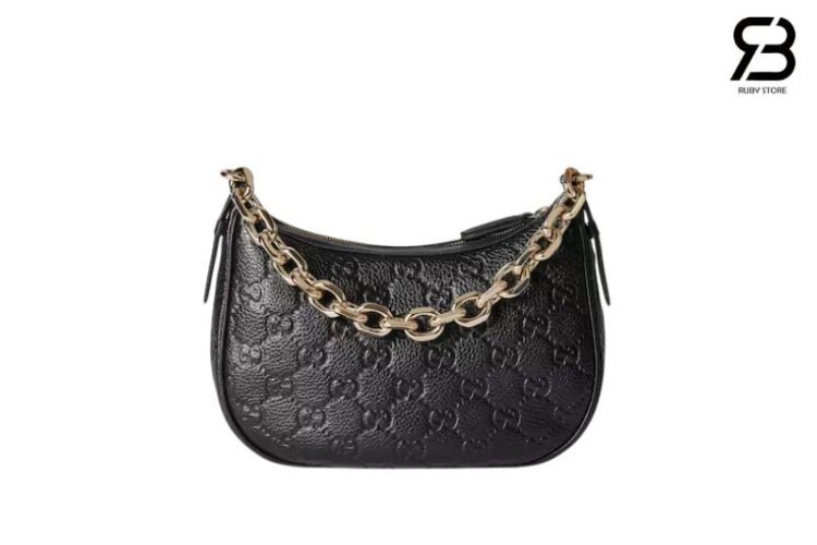 Túi Gucci GG Emblem Small Shoulder Black Bag With Chain Đen Dây Vàng