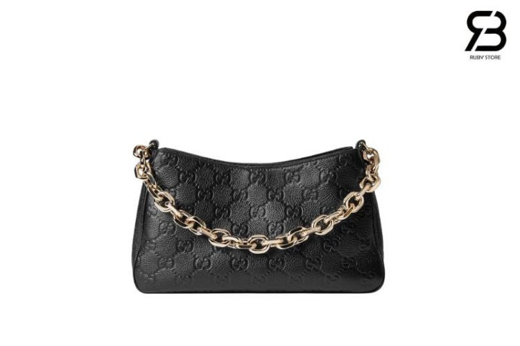 Túi Gucci GG Emblem Small Shoulder Black Grainy Leather