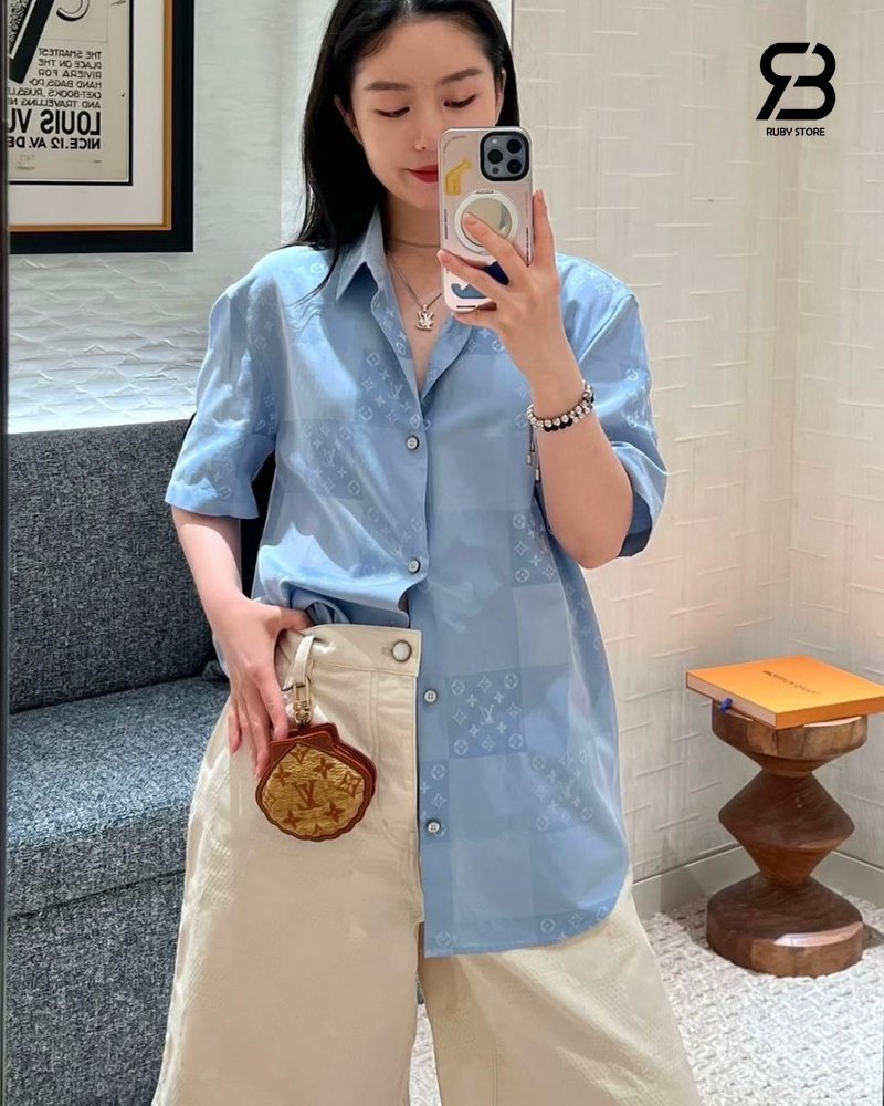 Áo Sơ Mi LV Patchwork Jacquard Short-Sleeved Shirt Monogram Pale Blue chất lượng tốt nhất